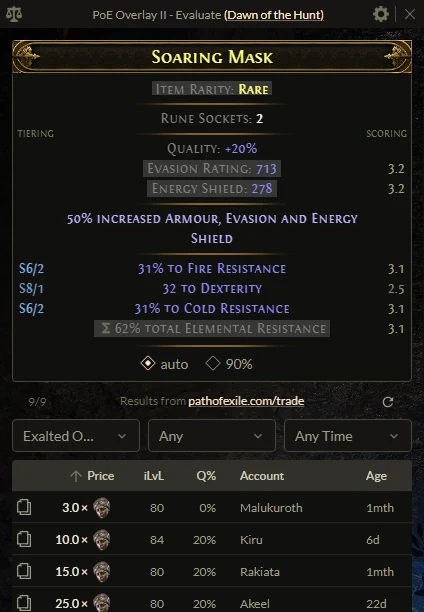 Evaluate showing price of high evasion and energy shield item