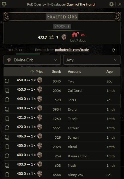 Evaluate showing bulk prices of Exalted Orbs in Divine Orbs