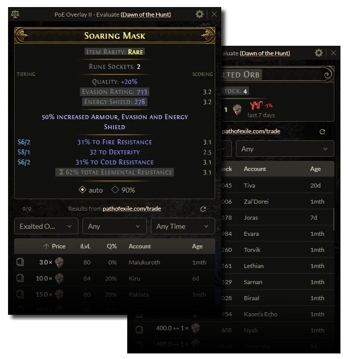 Evaluate dialog showing Divine Orb and Thorium Spirit Shield