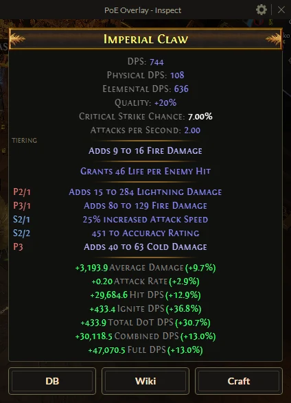 Inspect showing weapon with build stats computed by PoB