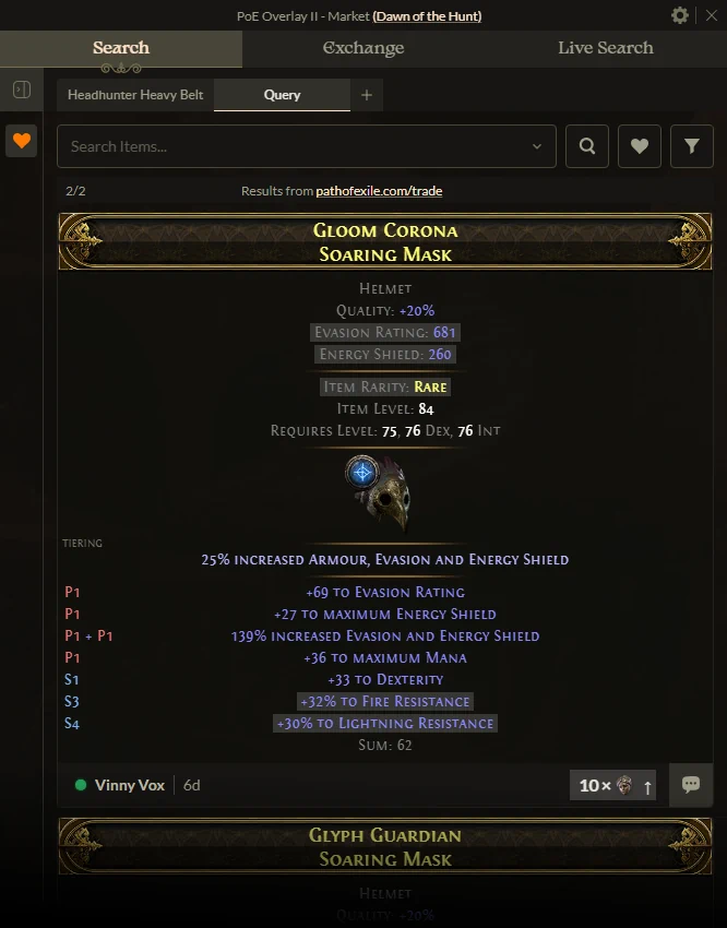 Market showing listings for an high evasion and energy shield item