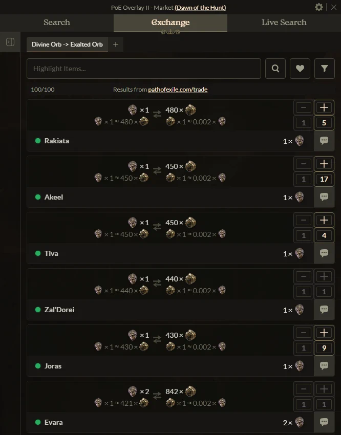 Market showing bulk prices of Divine Orbs for Exalted Orbs