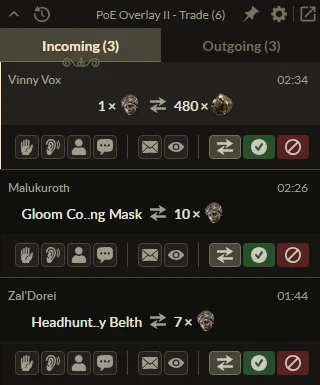 Trade helper showing three trade requests in progress